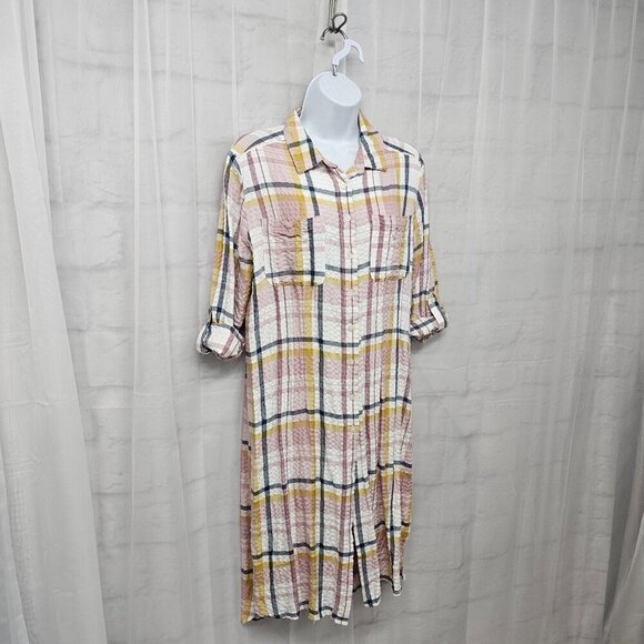 Pink Yellow Plaid Button Down Midi Shirt Dress Tunic Preppy Boho M - Picture 6 of 13